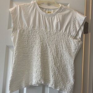 Maeve White Textured Tank Top with Cap Sleeve Detail